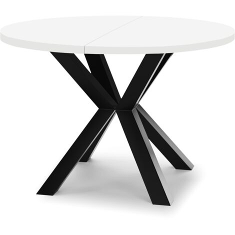 Table de salle à manger ronde extensible RAL avec pieds en bois, style loft, industriel, diamètre : 90 / 190 cm, couleur : blanc / noir