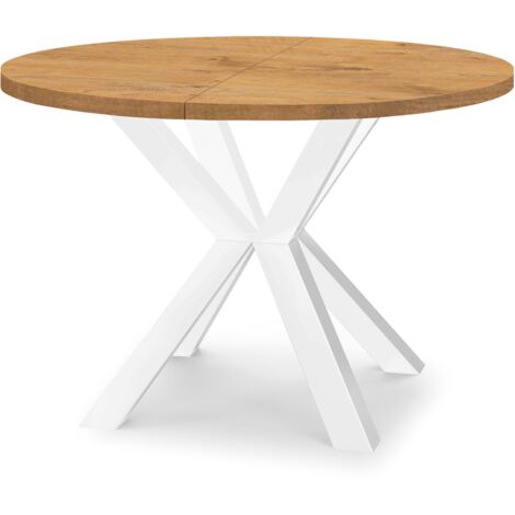 Table de salle à manger ronde extensible RAL avec pieds en bois, style loft, industriel, diamètre : 90 / 190 cm, couleur :Lancelot / blanc