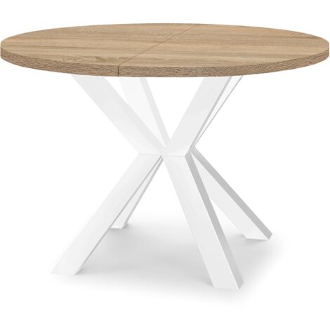 Table de salle à manger ronde extensible RAL avec pieds en bois, style loft, industriel, diamètre : 90 / 190 cm, Couleur :Sonoma / Blanc