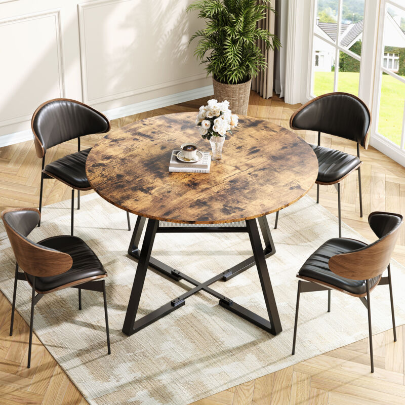 Table de Salle à Manger Ronde Industrielle avec Plateau Effet Bois et Étagère