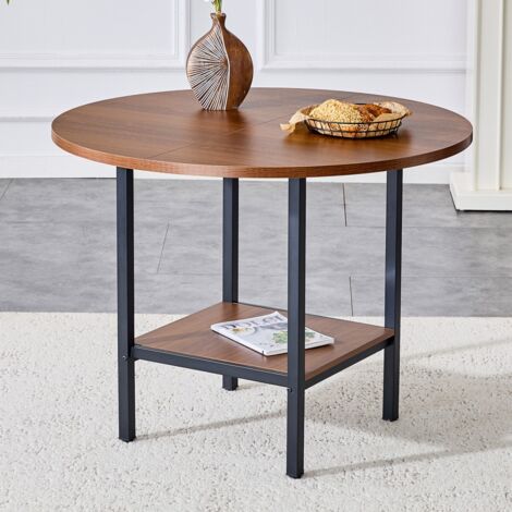 Table de salle à manger ronde moderne avec rangement, métal aspect noyer 100x100x77cm pour 4-6 pers, cuisine petits espaces