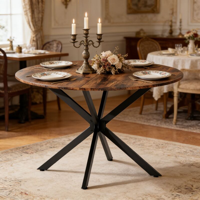 Table de salle à manger ronde Style Industriel avec Pieds en Forme de X Ø120 cm, Utilisable comme Table de Cuisine ou Bureau à Domicile - Fer &