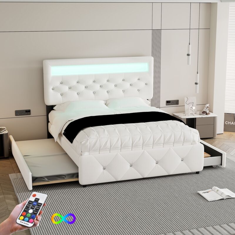 Okwish - Lit capitonné 140x200cm/90x190cm lit double avec lit gigogne, 2 tiroirs et table de chevet avec barre lumineuse, beige, sans matelas