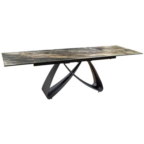 Table de salle à manger ZAREL – Extensible 180 à 260 cm – Céramique et verre trempé – Aspect marbre gris taupe
