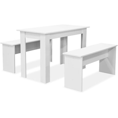 Table de salle à manger,Table à dîner et bancs 3 pcs Bois d'ingénierie Blanc CWV16421