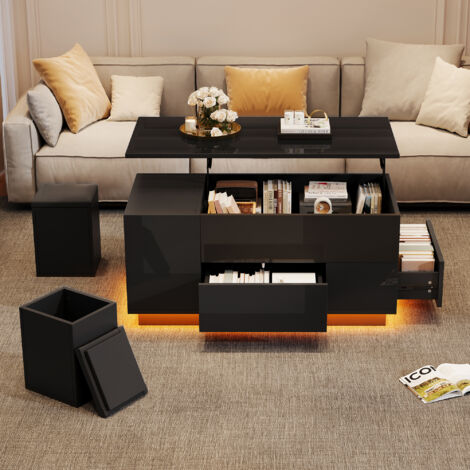 Table de salon 4 en 1, avec éclairage LED. Table pour le café, avec 2 tiroirs. Table en stratifié noir, équipée d’un canapé et de 2 tabourets. Table de soutien, avec un espace de rangement caché.