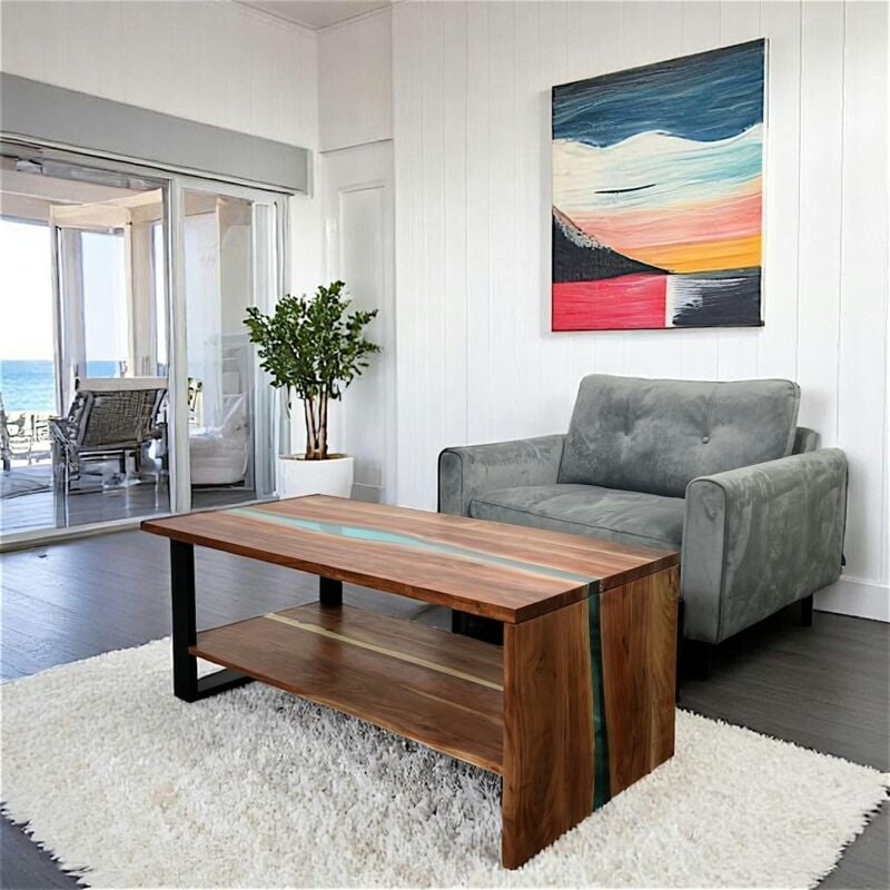 Table basse rivière epoxy lagon et bois d'acacia bora