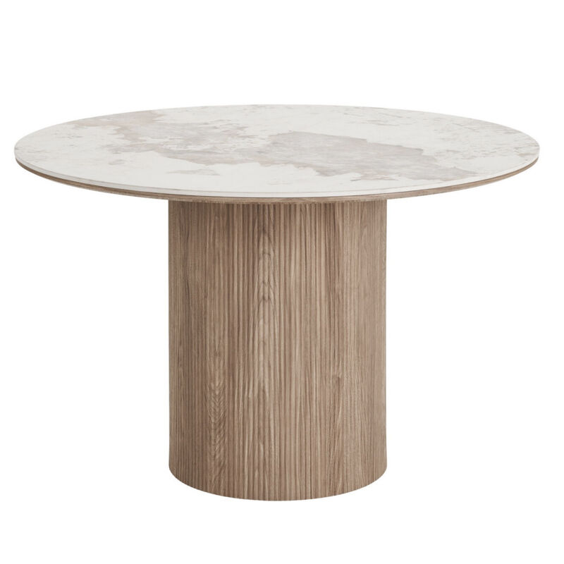 Azura Home Design – Table de salle à manger ronde 120cm – Plateau en céramique effet marbre – Piètement en bois cylindrique – Accueille 4 à 6 convives
