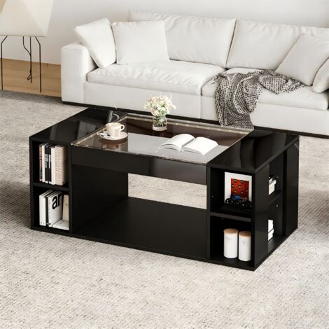 Table de salon de 100×50×40 cm. Table basse creusée au centre. Table pour le thé, avec une surface en verre durci. Table d’appoint brillante, conçue pour la maison. Table de Noël. Couleur noire, en MD