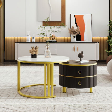 Table de salon en MDF rond, 2-en-1. Tablette de côté avec une surface lisse et une plaque de marbre blanche. Combination de tables de salon pour le salon, avec 2 tiroirs. Dimensions : 70×70×46 cm + 50