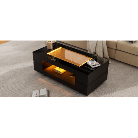 Table de salon en verre noir, contrôlée par une application Bluetooth. Tablette à double épaisseur, avec finition brillante. Conçue pour être utilisée dans des fêtes, des bureaux ou des salles de séjo