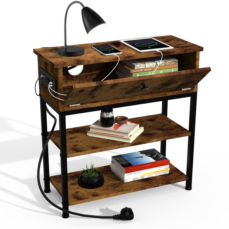 Table de Salon Industrielle avec 2 Prises + 2 Ports USB – 1 Tiroir & 2 Étagères en Panneau de Particules – Design Multifonctionnel 55x26x64cm