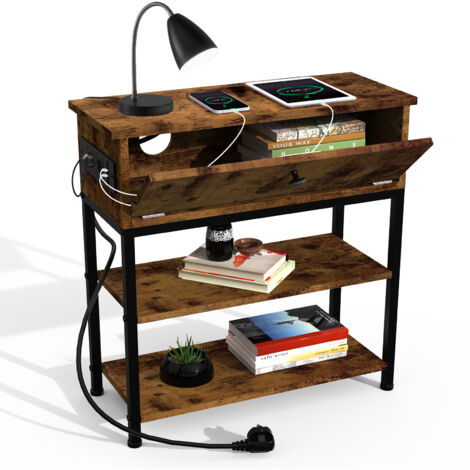 Table de Salon Industrielle avec 2 Prises + 2 Ports USB – 1 Tiroir & 2 Étagères en Panneau de Particules – Design Multifonctionnel 55x26x64cm