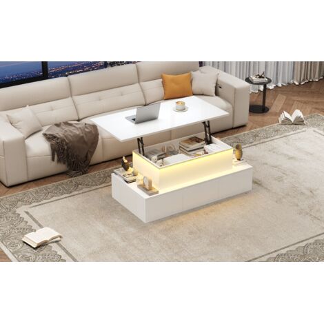 Table de salon pouvant être déplacée de 100×50×40 cm, avec 4 tiroirs. Table de lit en finition brillante, équipée d’un éclairage LED. Table pour le café,Couleur blanche, fabriqué en MDF.