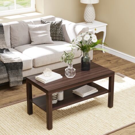 Table de salon rectangulaire classique avec étagère de rangement en bois, 90×45×44,5 cm