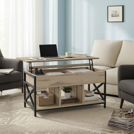Table de Salon Relevable, Meuble Bas avec Rangement Ouvert et Caché, Structure Acier, pour Séjour, Marron et Noir