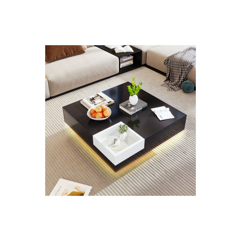 Table de salon, table d'appoint avec boîte de rangement amovible, bloc de couleur noir et blanc, 72 72 30cm, avec effet de lumière LED. Noir