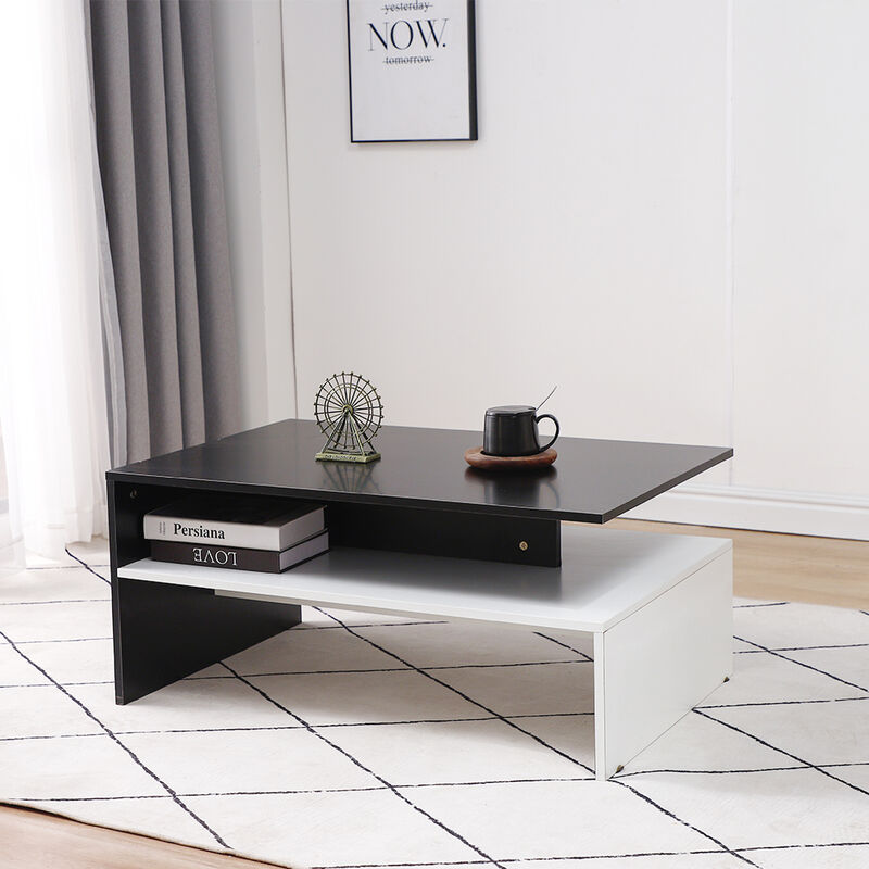 Skecten - Table Basse de Salon Design Table de Salon en Bois Moderne avec Rangement 90*60*42CM Noir+Blanc
