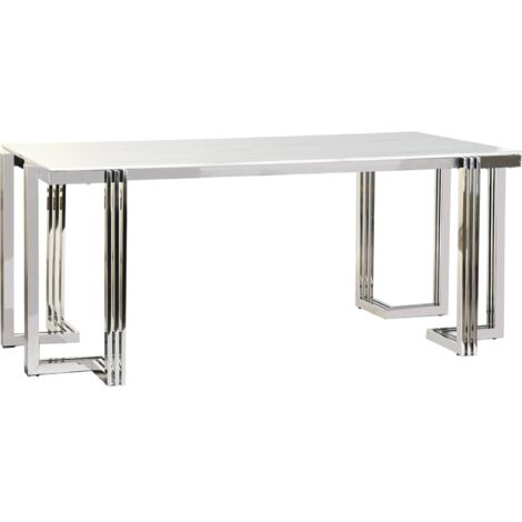 Table de salon verre effet marbre élégance contemporaine - Blanc marbré effet marbre argenté