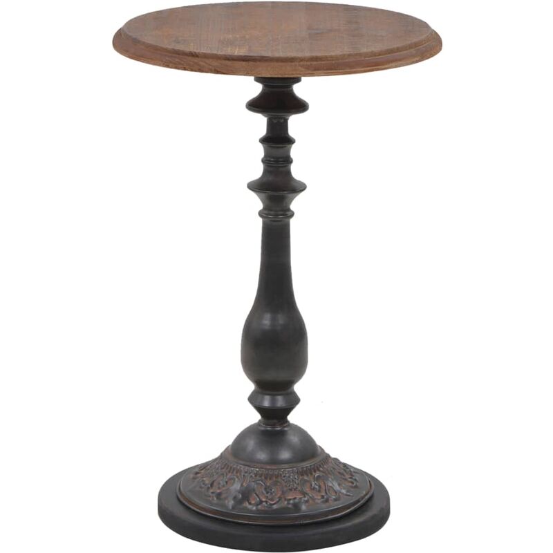 Table de salon vivante avec haut en bois rond et pieds en acier sculpté