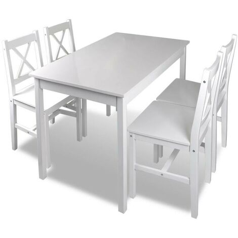 Table de séjour et 4 chaises pin massif laqué blanc Dina