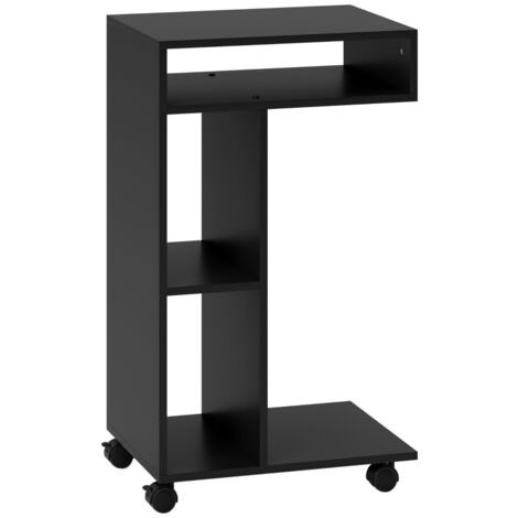 Table de service en forme de C, 4 roulettes, 3 compartiments, dimensions : 40 x 30 x 69 cm. Couleur : noire.