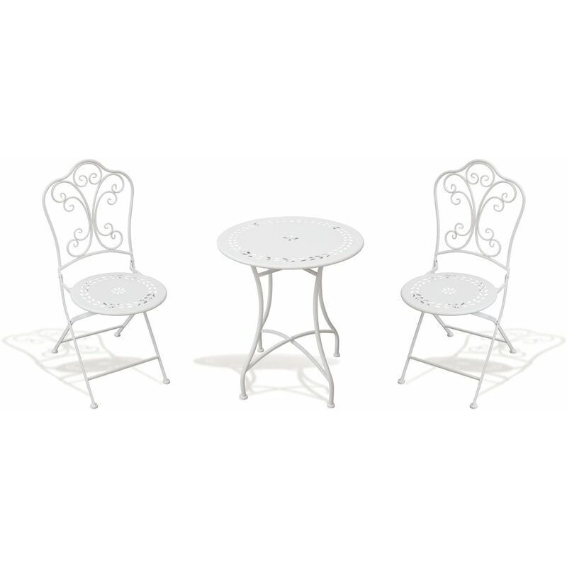 Table de set extérieure et 2 chaises pliantes en fer forgé portofino White - White