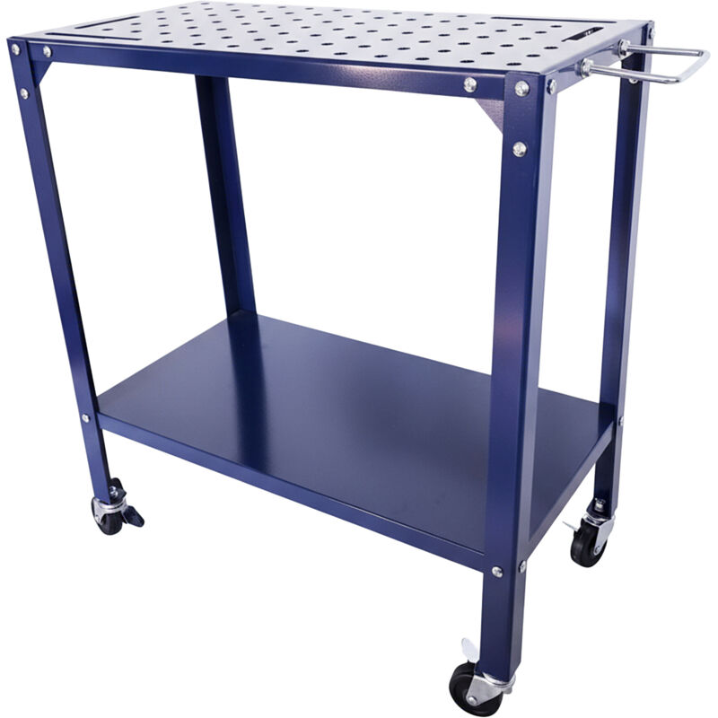 Relaxdays table de soudage mobile à roulettes, plateau perforé, H x L x P : 91,5 x 88 x 46 cm, acier, bleu