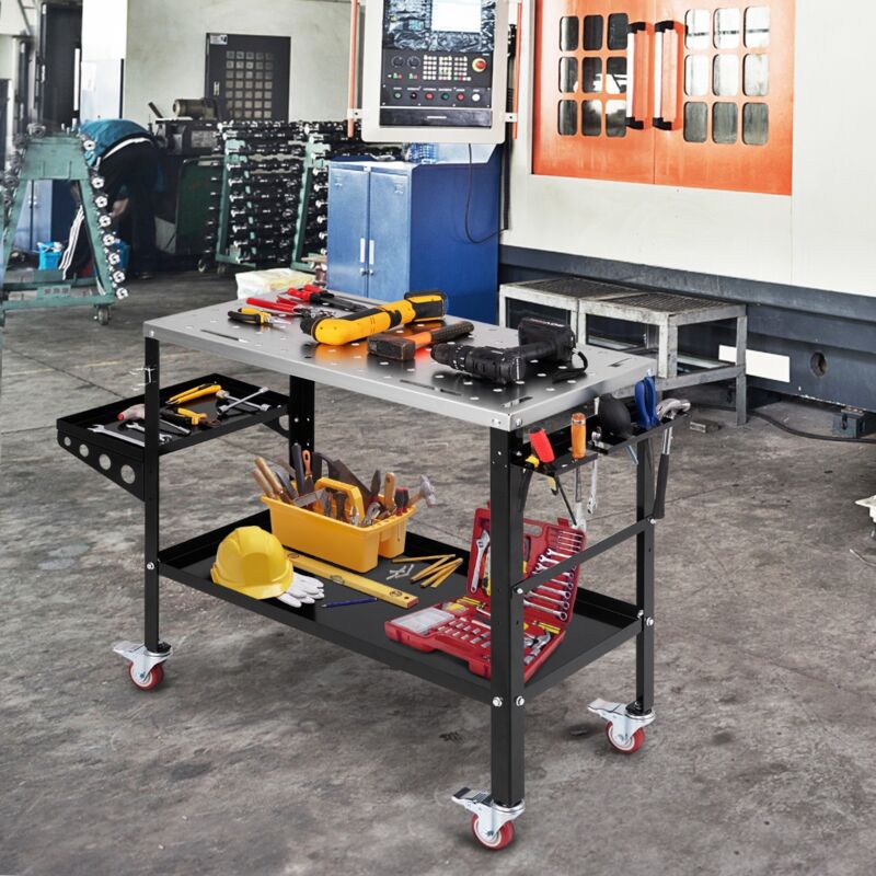 Table de Soudure Roulant 92x46cm Établi de Soudage avec 8 Trous pour Outils Trous de Fixation de 1,6 cm 2 Supports de Buses Charge 540KG Noir CW4341