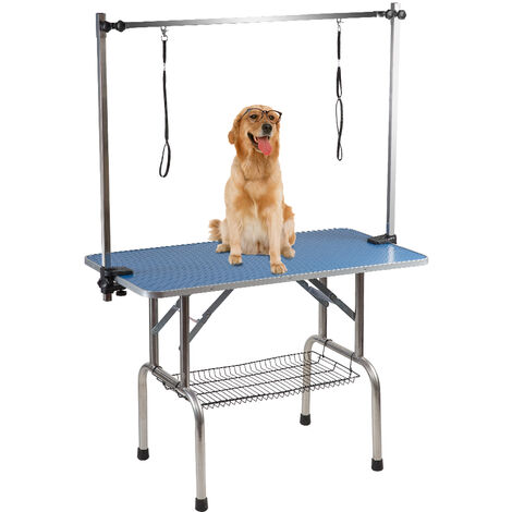 HOMMOO Table de toilettage pour chien portable et réglable en acier inoxydable avec nœud de bras + + plateau d'accessoires, W90 D60 H76 (cm)