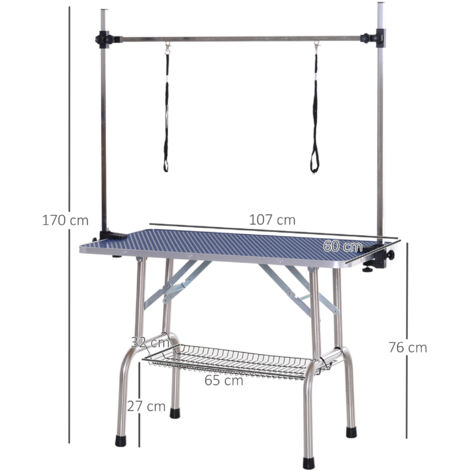 Table de toilettage pour chiens et chats PawHut, réglable en hauteur et pliable, avec plateau de coupe, pour chiens et chats jusqu'à 100 kg, bleue.