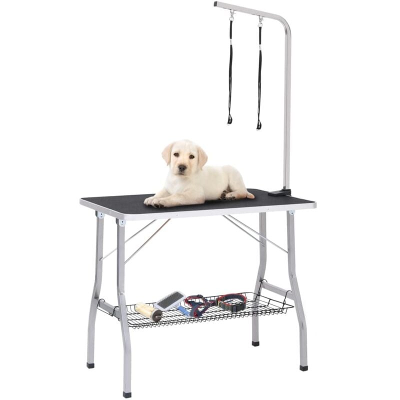 Table de toilettage réglable de chiens avec 2 boucles et panier