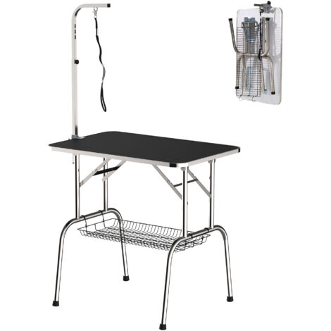 Table de toilettage, table de coupe, table de tondeuse, pliable, réglable en hauteur, en acier inoxydable, noire, pour les soins et le toilettage des chiens