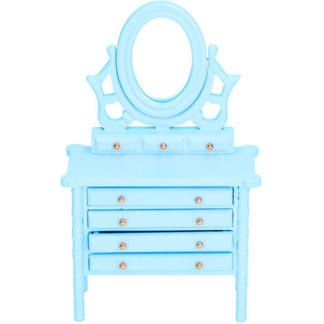 Table de Toilette Miniature 1:12 en Bois avec Miroir Bleu pour Maison de Poupée
