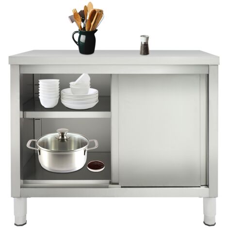 Table de travail 100 x 50 cm avec portes coulissantes, table de préparation robuste en acier inoxydable pour restaurant, garage ou entrepôt, établi de cuisine avec meuble de rangement