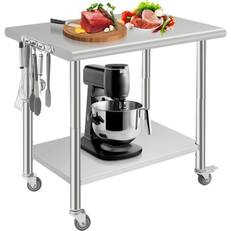 Table de Travail à Roulettes INOX Cuisine,avec 2 Etagères, Hauteur de Couche Inférieure Réglable, 4 Roues en PU,91x61x90cm