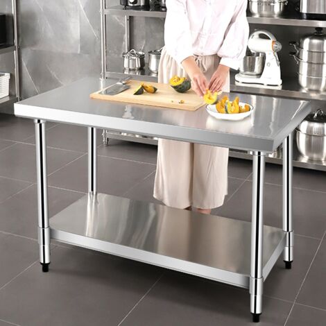 Table de Travail Cuisine 61 x 91,5 cm en Acier Inoxydable à 2 Niveaux 2 Roues Verrouillables Plateau Inférieure Réglable Charge 250 kg Argent