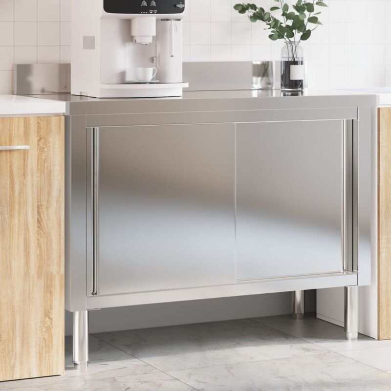 Vidaxl – Table de travail inox 110x50x90cm – 2 portes coulissantes – Acier inoxydable résistant à la corrosion – Hauteur réglable 80cm