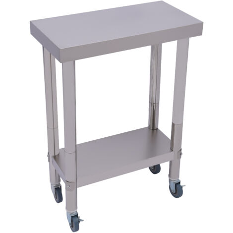 Table de travail de cuisine en acier inoxydable à deux étages, 60 x 30 x 85 cm, plan de travail professionnel, capacité de charge 300 kg, plan de travail pour la restauration, 4 roues pour les restaur