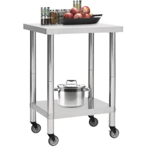 Table de travail de cuisine，plan de travail avec roues 60x45x85 cm Inox CFW188444