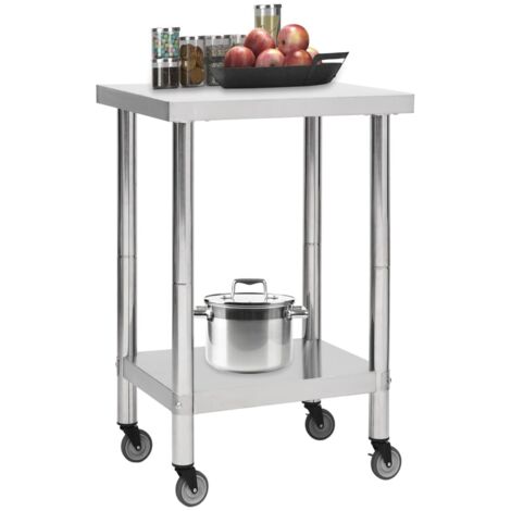 Table de travail de cuisine，plan de travail avec roues 60x60x85 cm Inox CFW625930