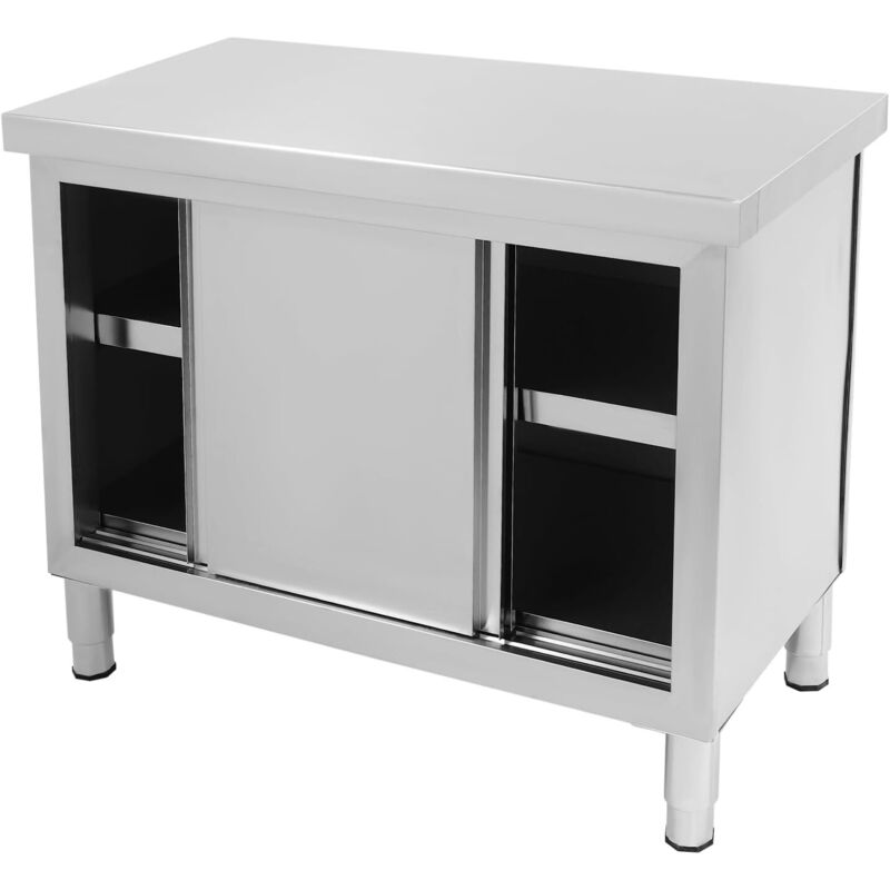 Table de travail en acier inoxydable, armoire à 2 niveaux avec étagère inférieure et portes coulissantes, table de cuisine, plan de travail pour