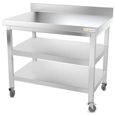Table de travail en inox 1000 x 700 mm adossée avec 2 étagères sur roulettes PREMIUM - GOLDINOX