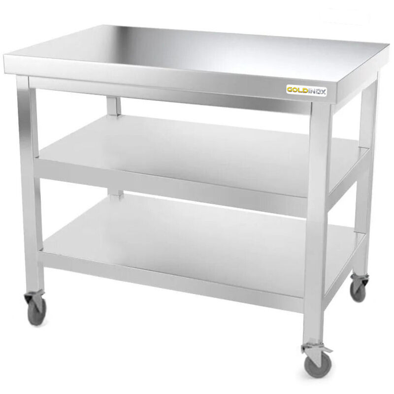Table de travail en inox 1200 x 700 mm avec 2 étagères sur roulettes PREMIUM - GOLDINOX
