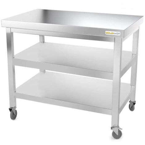 Table de travail en inox 1200 x 700 mm avec 2 étagères sur roulettes PREMIUM - GOLDINOX