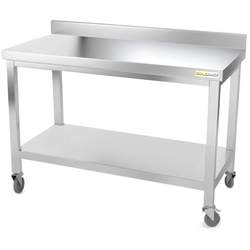Table de travail en inox 1500 x 500 mm adossée sur roulettes PREMIUM - GOLDINOX