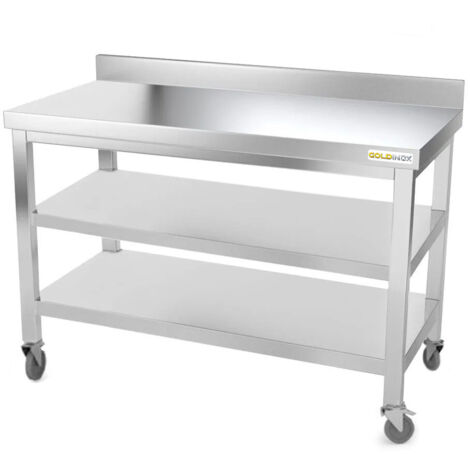 Table de travail en inox 1600 x 600 mm adossée avec 2 étagères sur roulettes PREMIUM - GOLDINOX
