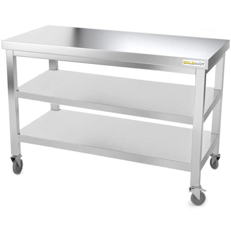 Table de travail en inox 1600 x 600 mm avec 2 étagères sur roulettes PREMIUM - GOLDINOX