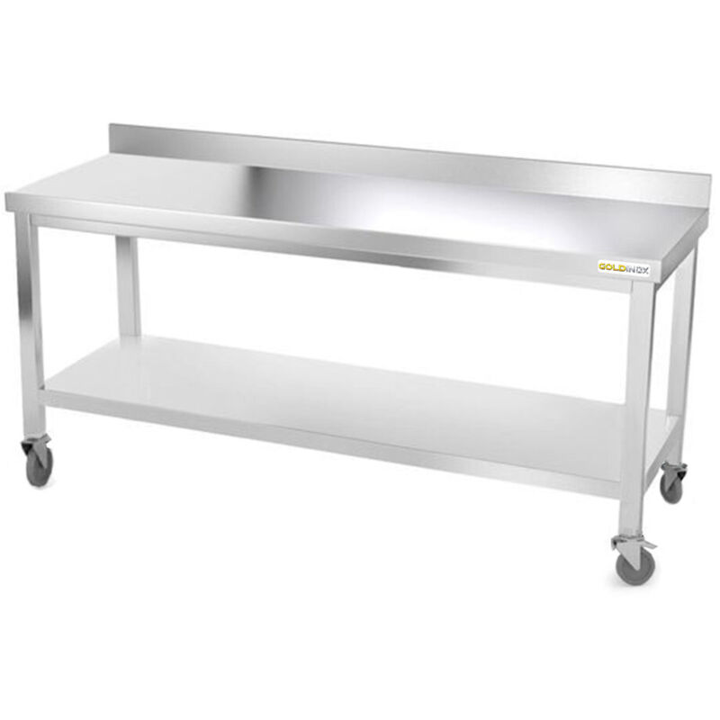 Table de travail en inox 1800 x 600 mm adossée sur roulettes PREMIUM - GOLDINOX