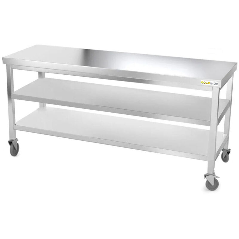 Table de travail en inox 1800 x 700 mm avec 2 étagères sur roulettes PREMIUM - GOLDINOX
